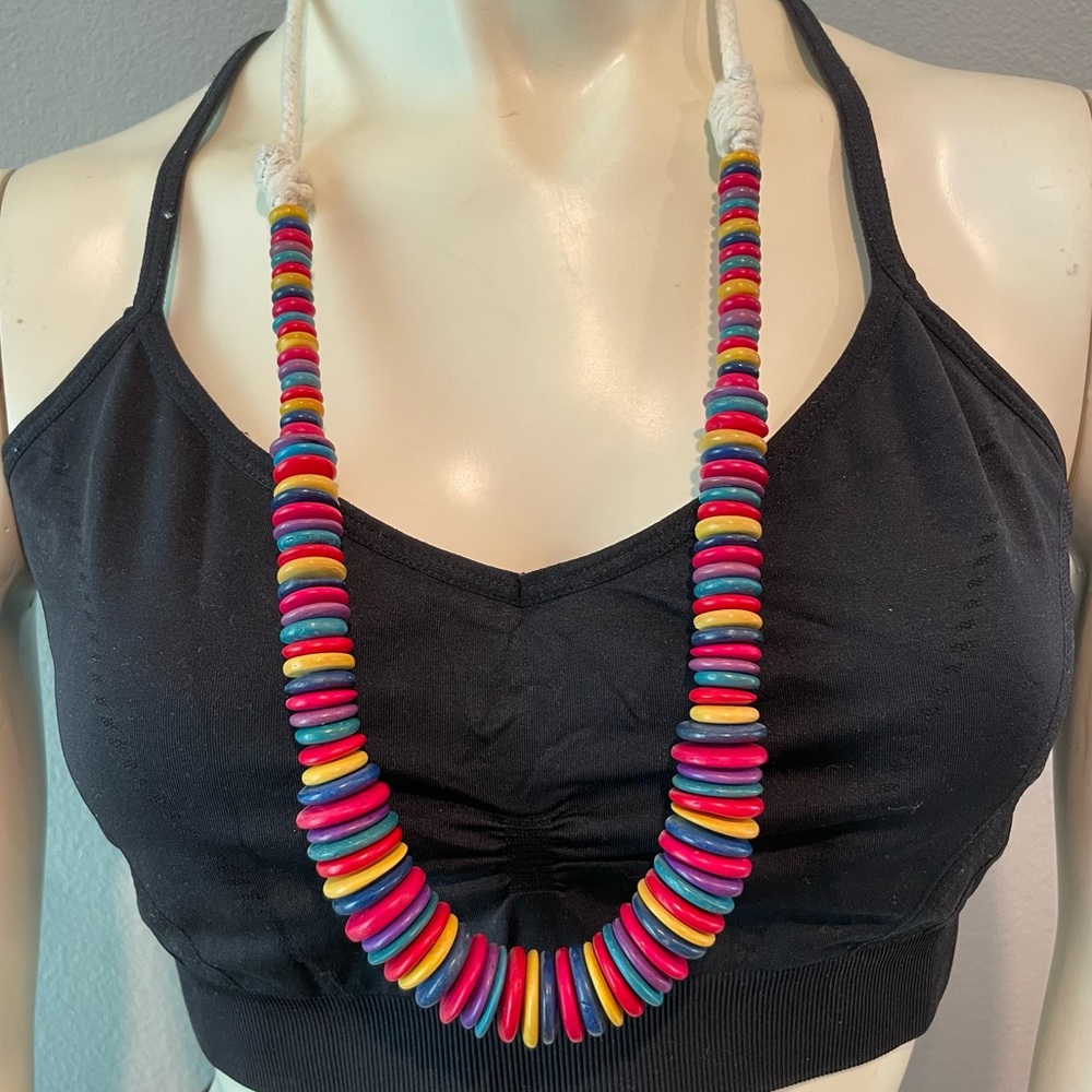Vintage Rainbow Wood Bead and Rope Long Necklace Chunky